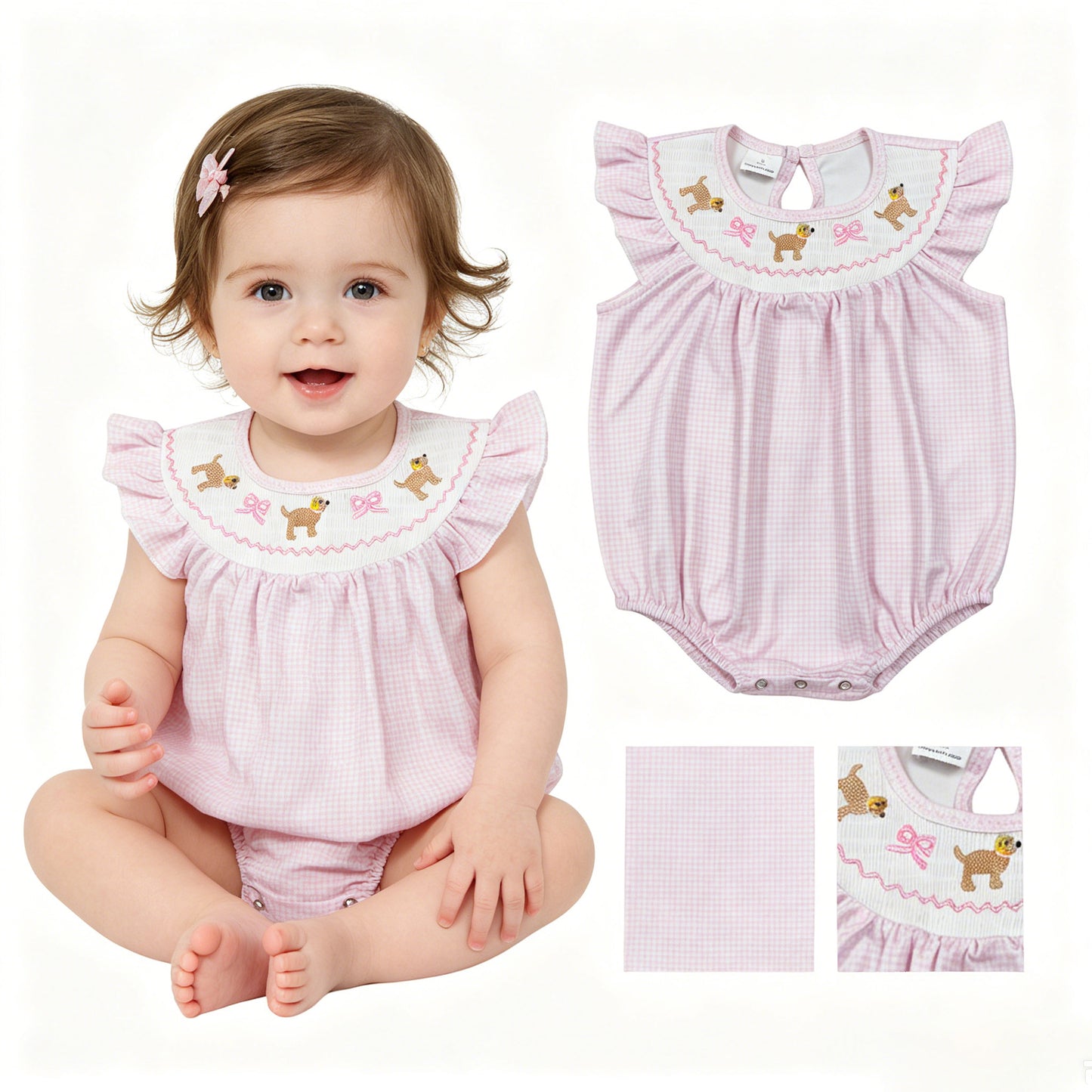 Smocked Dogs Bows Baby Girls Flutter Sleeve Ruffle Rompers