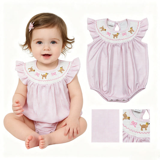 Smocked Dogs Bows Baby Girls Flutter Sleeve Ruffle Rompers