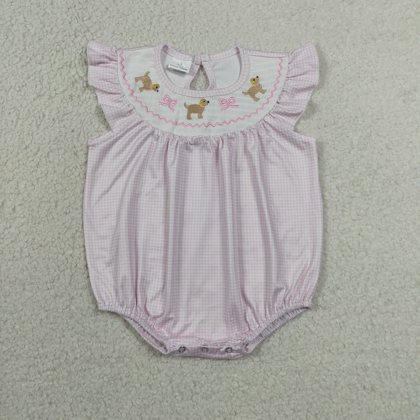 Smocked Dogs Bows Baby Girls Flutter Sleeve Ruffle Rompers