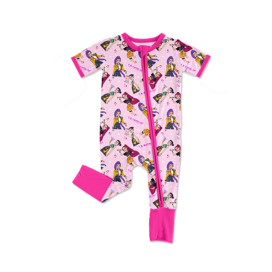 Baby Girls Pink Short Sleeve Cartoon Girls Zipper Footie Rompers Preorder