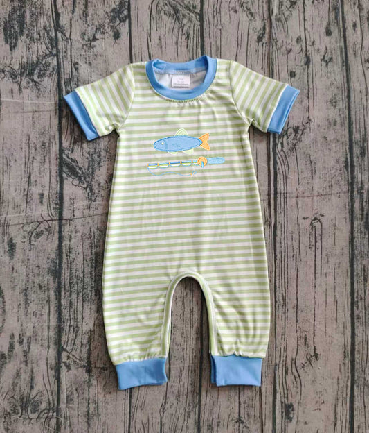 Embroidery Fishing Baby Boys Stripe Hunting Footie Rompers