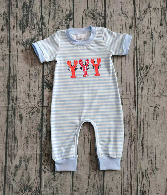 Embroidery Crayfishes Baby Boys Grey Stripe Footie Rompers Preorder