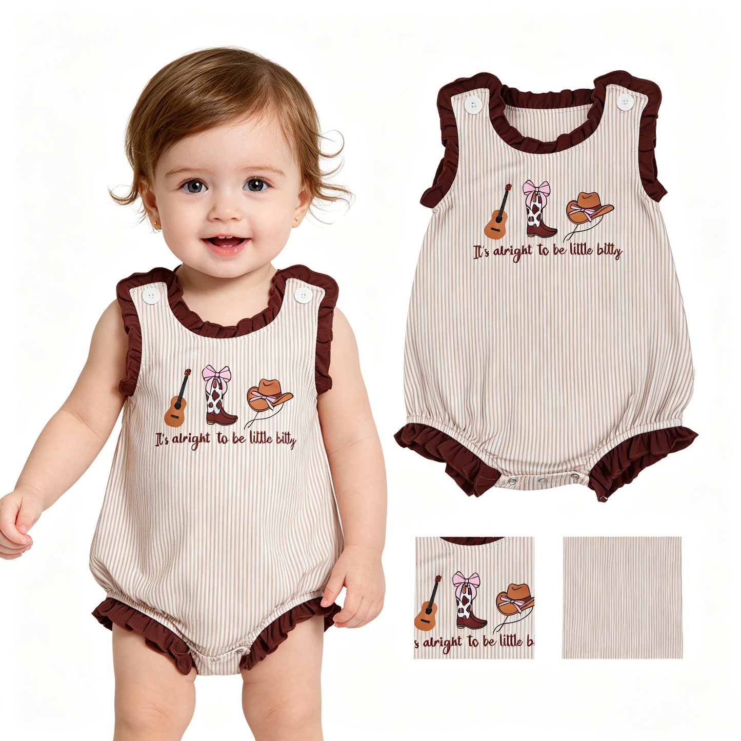 Baby Girls Sleeveless Boot Hats Guitar Western Ruffle Rompers