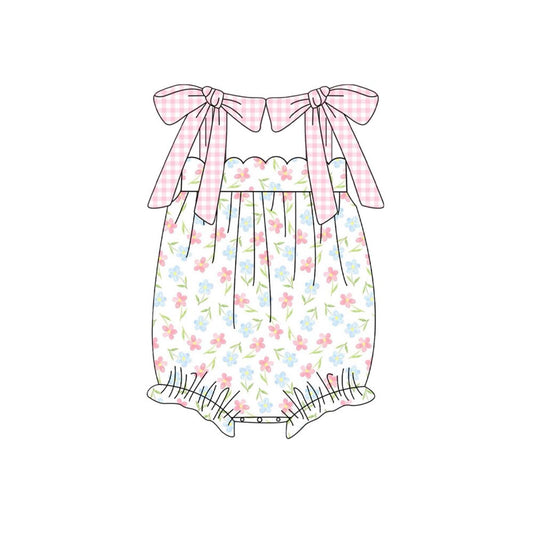 Baby Girls Pink Checked Strap Flowers Ruffle Rompers Preorder
