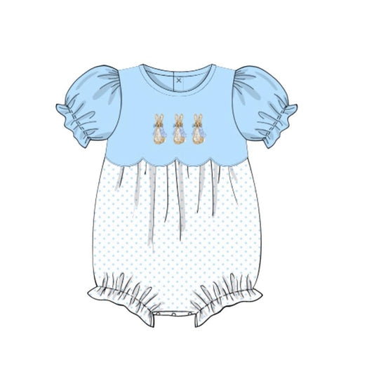Baby Girls Short Sleeve Blue Rabbits Polka Dots Easter Rompers Preorder