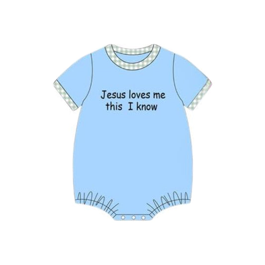Baby Boys Blue Short Sleeve Jesus Love Me Rompers Preorder