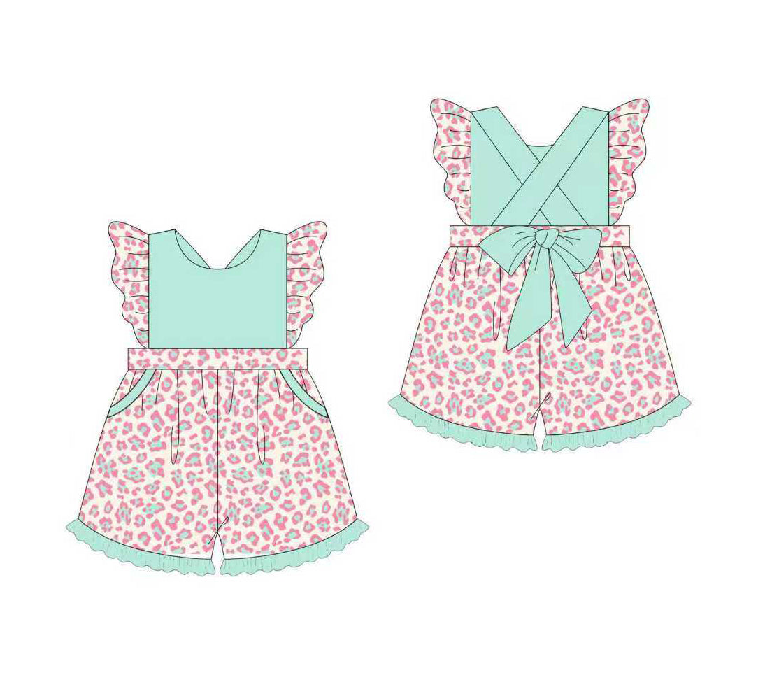 Baby Girls Pink Leopard Back Bows Pockets Shorts Jumpsuits Preorder