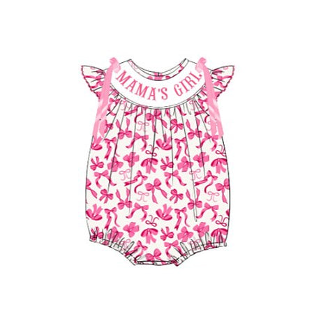 Baby Girls Flutter Sleeve Pink Mama's Girl Bows Plaid Ruffle Rompers Preorder