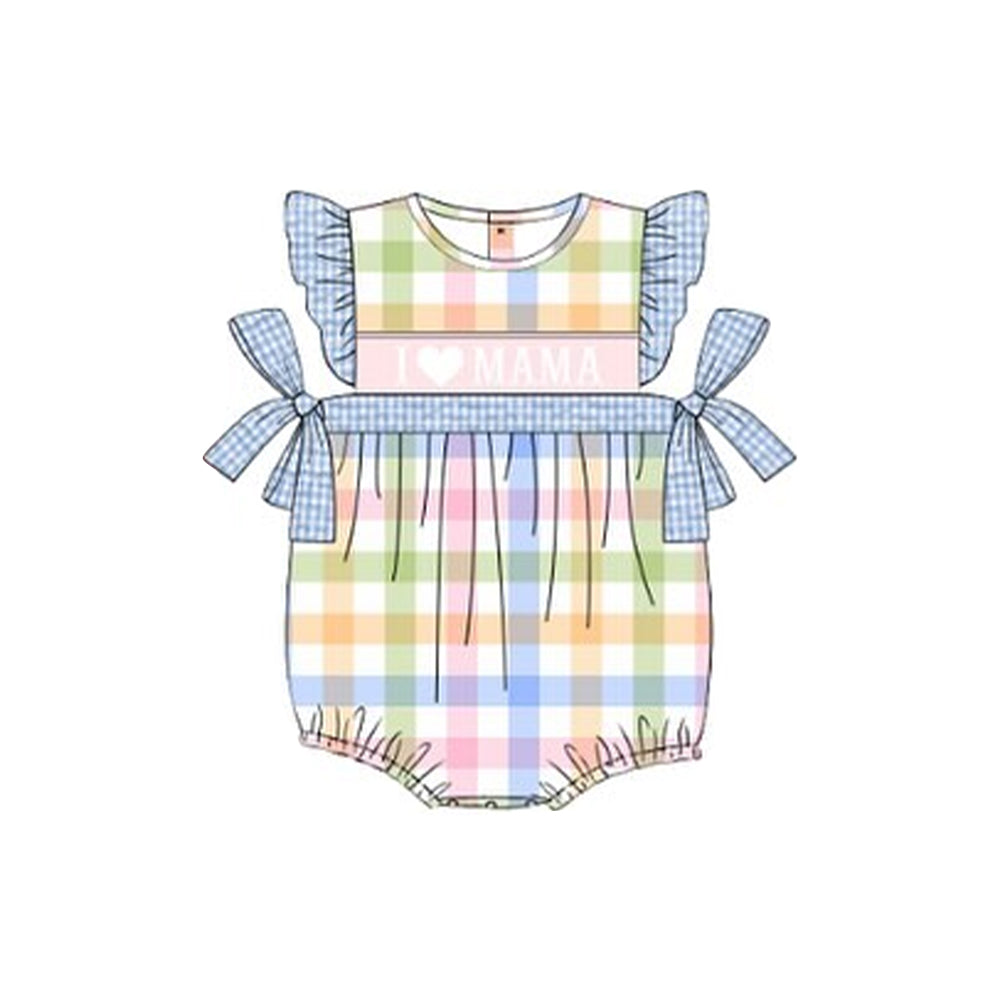 Baby Girls Flutter Sleeve Colorful Checked I Love Mama Bows Ruffle Rompers Preorder