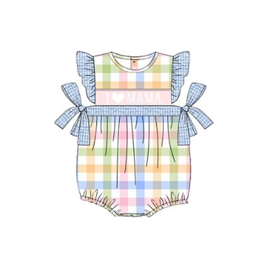 Baby Girls Flutter Sleeve Colorful Checked I Love Mama Bows Ruffle Rompers Preorder