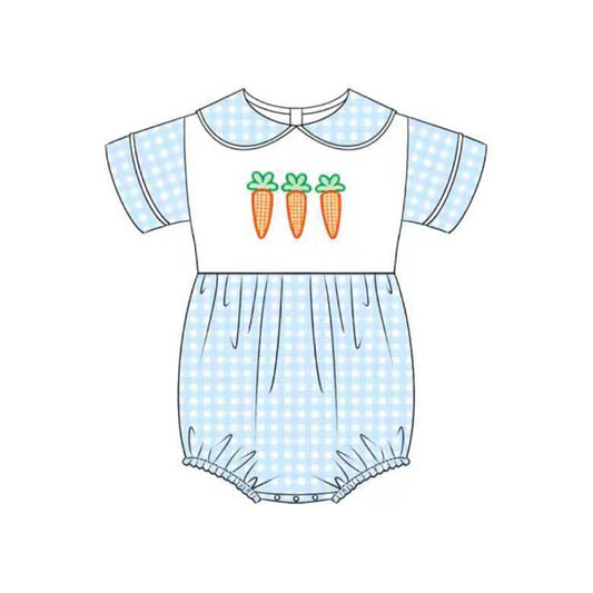 Baby Boys Blue Checked Carrots Easter Collar Rompers Preorder