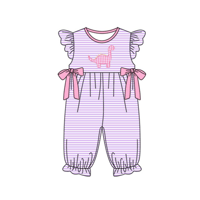 Baby Girls Stripe Dinosaurs Bows Ruffle Footie Rompers Preorder