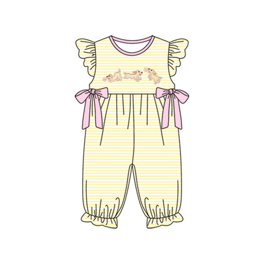 Baby Girls Stripe Dogs Bows Ruffle Footie Rompers Preorder