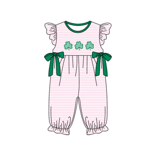 Baby Girls Stripe Clovers Bows Ruffle Footie Rompers Preorder