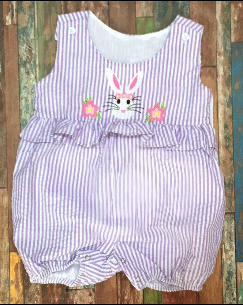 Baby Girls Lavender Stripe Rabbit Flowers Easter Ruffle Shorts Rompers Preorder