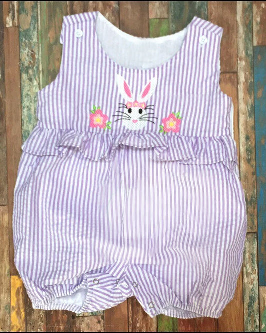 Baby Girls Lavender Stripe Rabbit Flowers Easter Ruffle Shorts Rompers Preorder