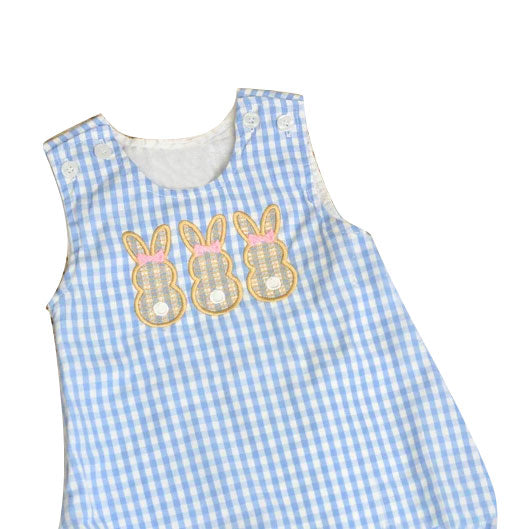Baby Girls Blue Checked Bows Rabbits Easter Ruffle Rompers Preorder