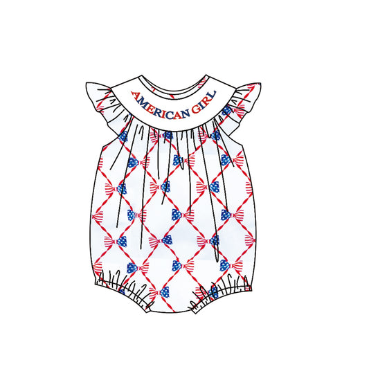 Baby Girls Flutter Sleeve Bows Checked American Girl July 4th Ruffle Rompers Preorder