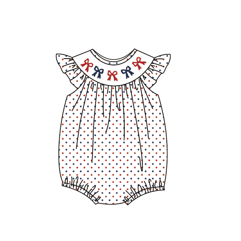 Baby Girls Flutter Sleeve Red Blue Bows Polka Dots July 4th Ruffle Rompers Preorder