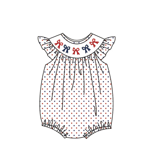Baby Girls Flutter Sleeve Red Blue Bows Polka Dots July 4th Ruffle Rompers Preorder