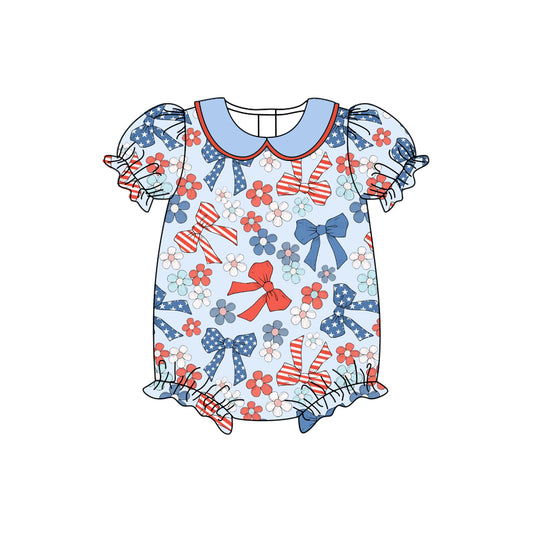 Baby Girls Flutter Sleeve Red Blue Bows Flowers July 4th Ruffle Rompers Preorder