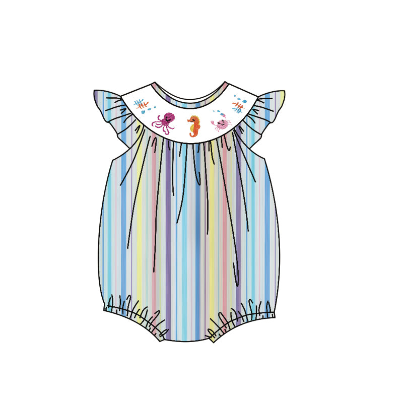Baby Girls Flutter Sleeve Sea Horse Crabs Stripe Ruffle Rompers Preorder