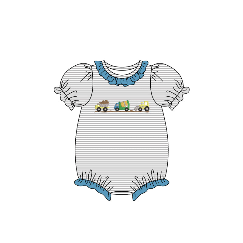 Baby Girls Excavator Stripe Collar Ruffle Rompers Preorder
