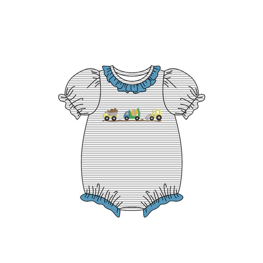 Baby Girls Excavator Stripe Collar Ruffle Rompers Preorder