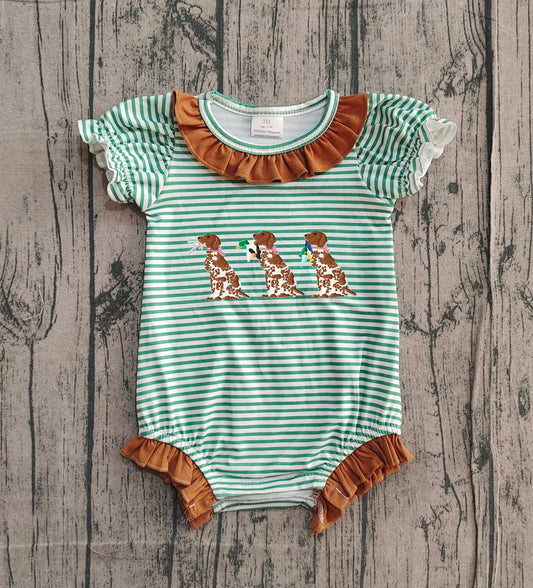 Embroidery Ducks Dogs Baby Girls Stripe Collar Hunting Ruffle Rompers Preorder