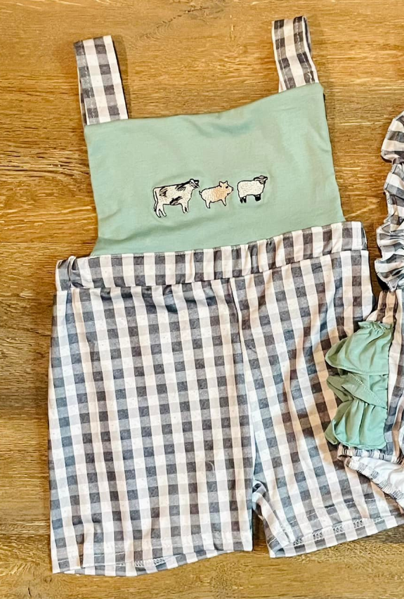 Baby Boys Strap Farm Cows Checked Shorts Rompers Preorder