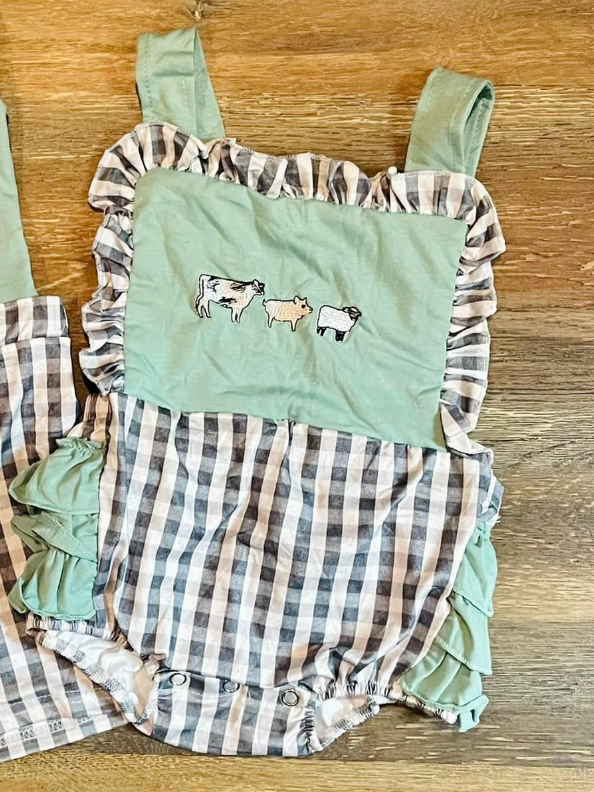 Baby Girls Strap Farm Cows Checked Ruffle Rompers Preorder