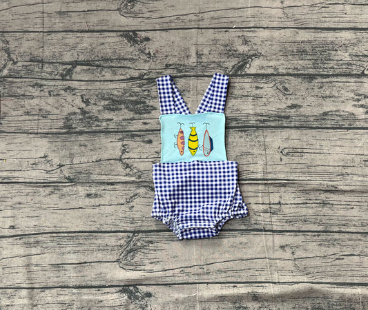 Embroidery Fishing Baby Boys Checked Strap Hunting Rompers Preorder
