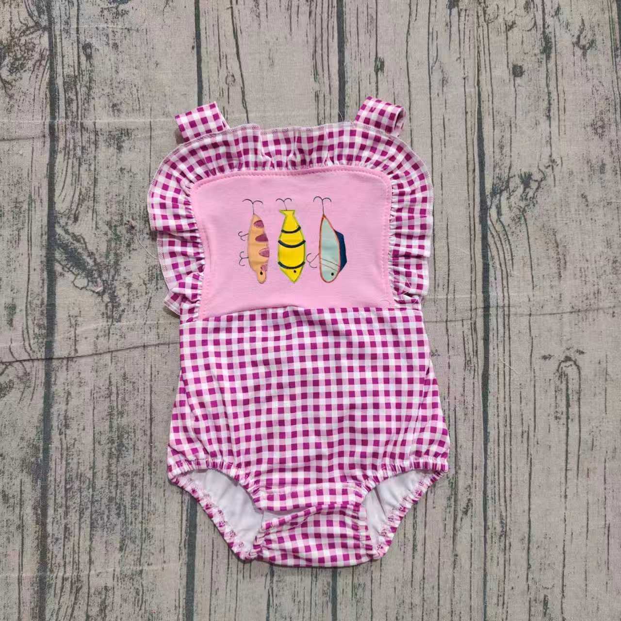 Embroidery Fishing Baby Girls Pink Checked Strap Hunting Ruffle Rompers Preorder