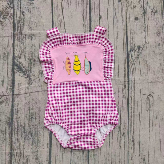 Embroidery Fishing Baby Girls Pink Checked Strap Hunting Ruffle Rompers Preorder