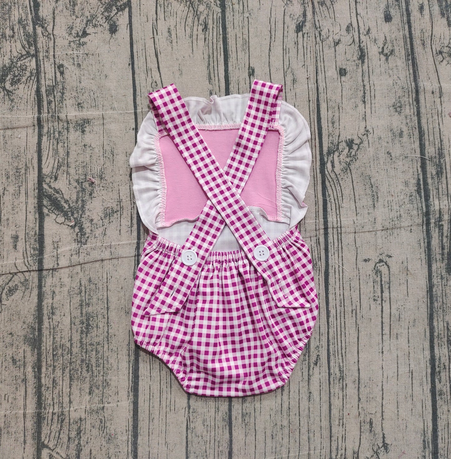 Embroidery Fishing Baby Girls Pink Checked Strap Hunting Ruffle Rompers Preorder