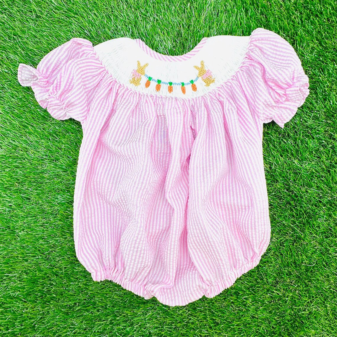 Baby Girls Pink Stripe Rabbits Carrots Easter Ruffle Rompers Preorder
