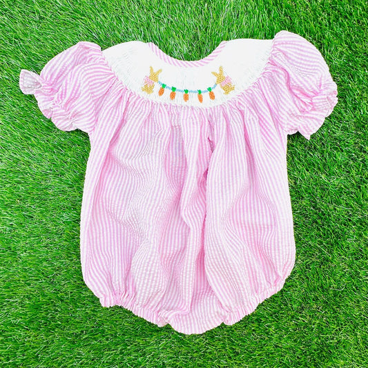 Baby Girls Pink Stripe Rabbits Carrots Easter Ruffle Rompers Preorder