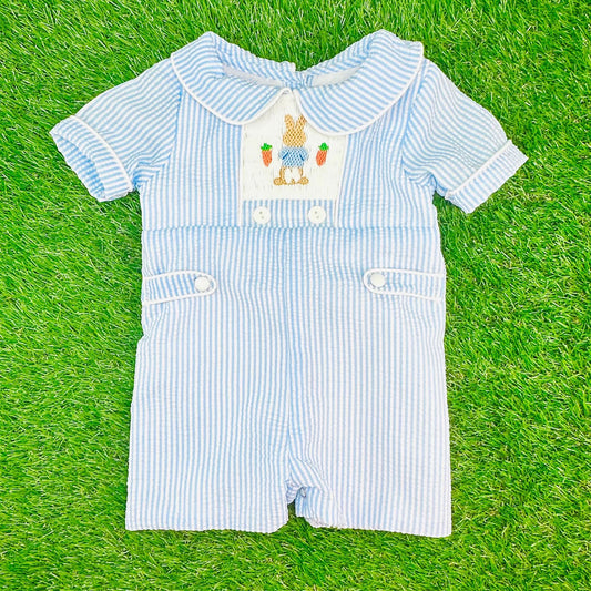 Baby Boys Blue Stripe Rabbits Carrots Easter Short Rompers Preorder