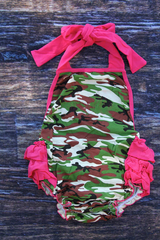 Baby Girls Pink Strap Green Brown Camo Bubbly Ruffle Rompers Preorder