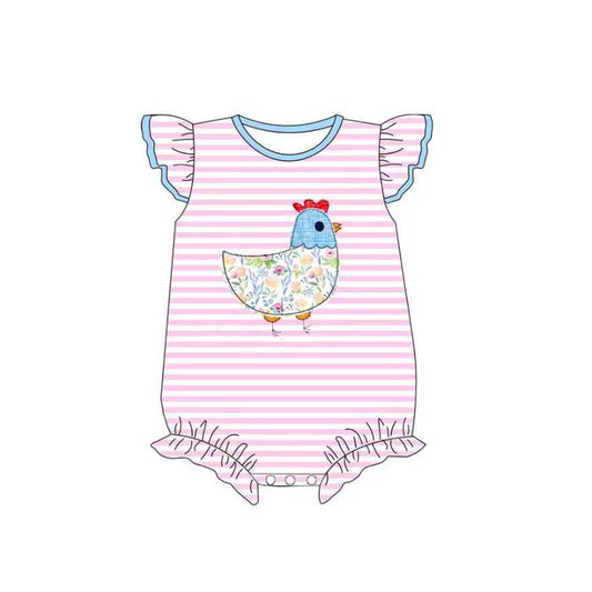 Baby Girls Pink Stripe Floral Chick Farm Ruffle Rompers Preorder