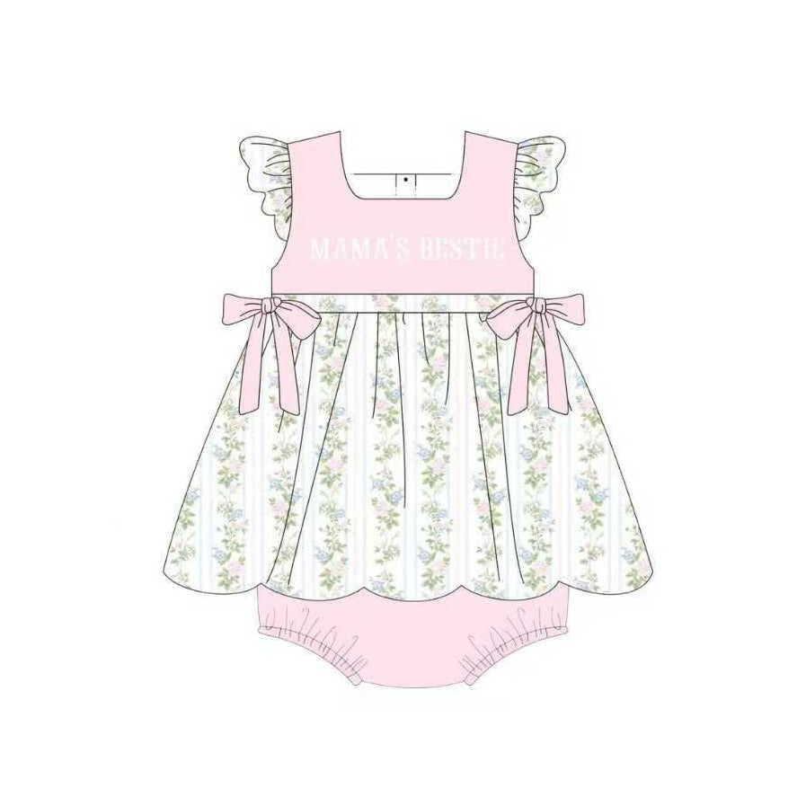 Baby Girls Pink Mama's Bestie Flowers Stripe Bows Tunic Ruffle Rompers Preorder