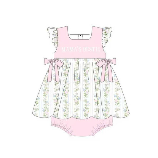 Baby Girls Pink Mama's Bestie Flowers Stripe Bows Tunic Ruffle Rompers Preorder