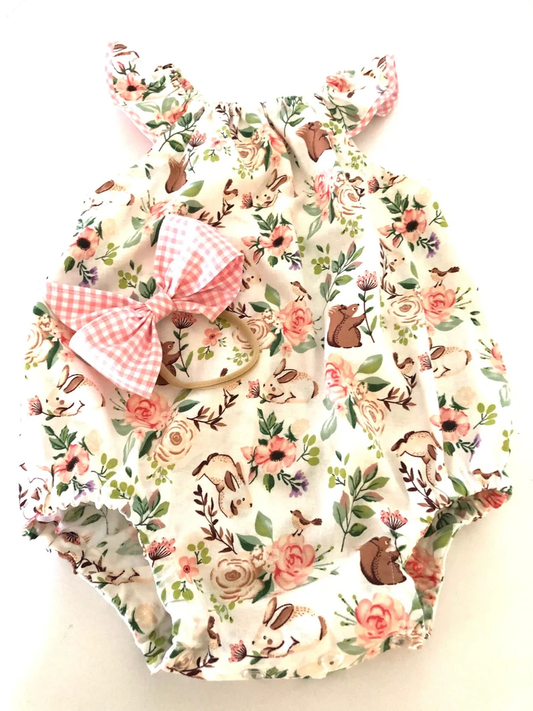 Baby Girls Flutter Sleeve Floral Rabbits Easter Ruffle Rompers Preorder