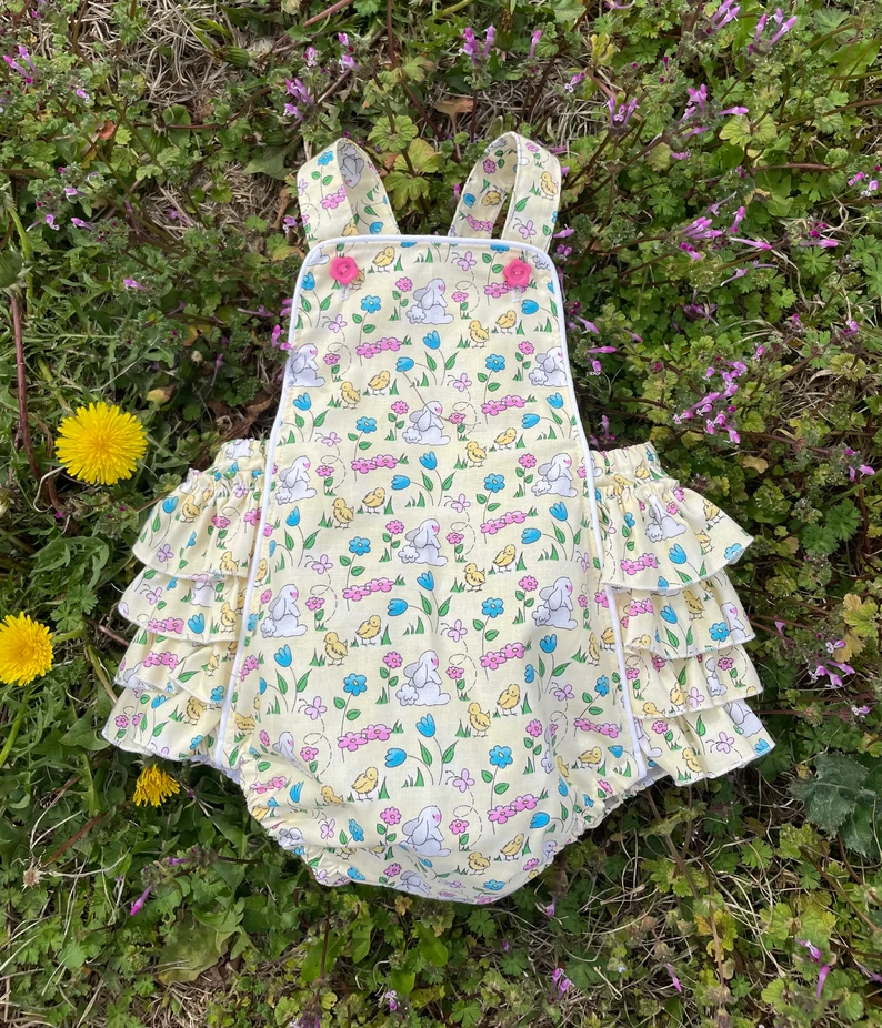 Baby Girls Strap Flowers Rabbits Bubbly Ruffle Rompers Preorder