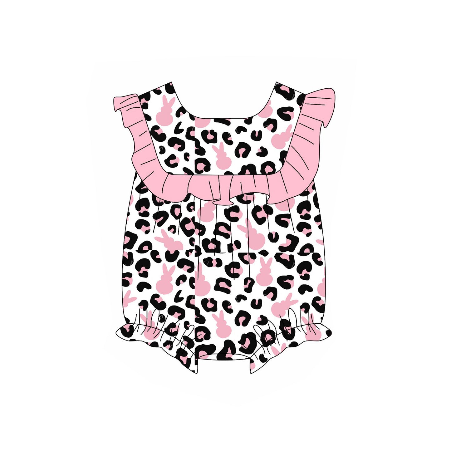 Baby Girls Sleeveless Pink Rabbits Leopard Easter Ruffle Rompers Preorder
