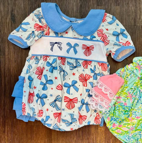 Baby Girls Blue Red Bows Stars July 4th Collar Bubbly Ruffle Rompers Preorder