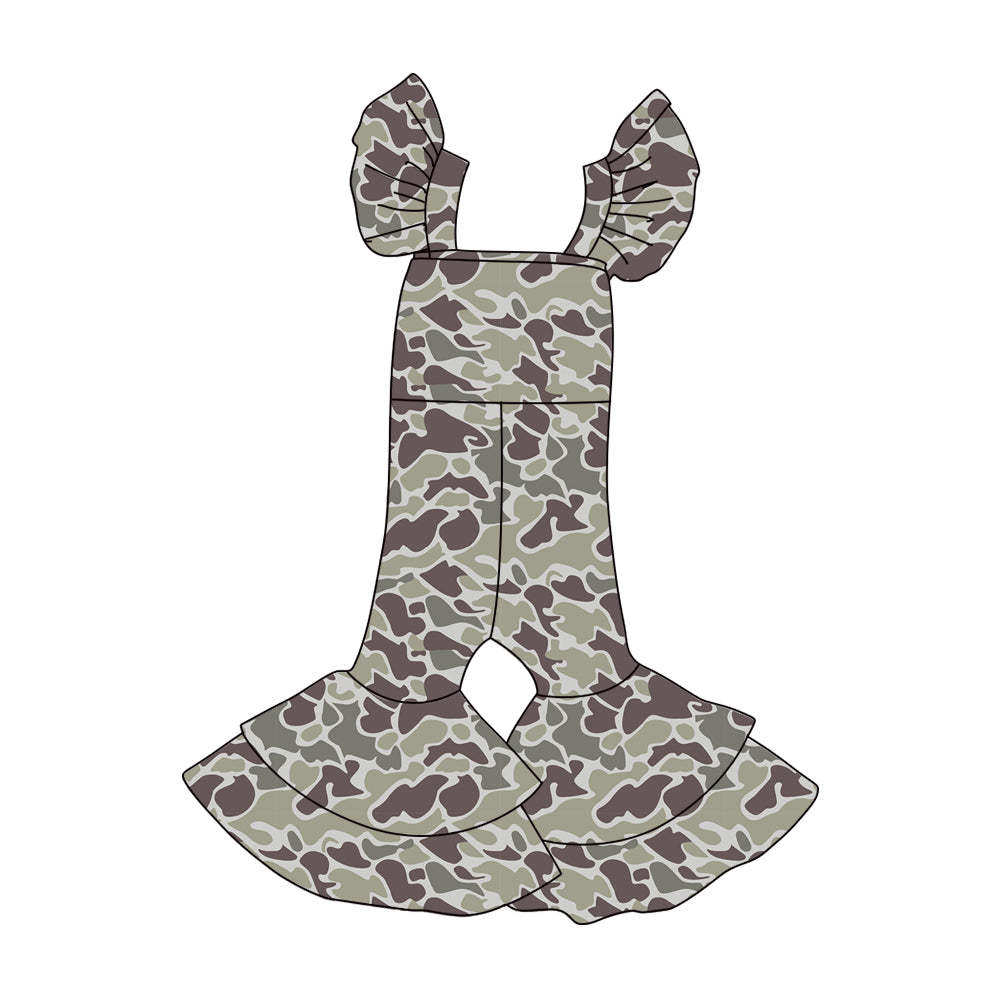Baby Girls Dark Grey Camo Flutter Sleeve Bell Bottom Southern Jumpsuits Preorder