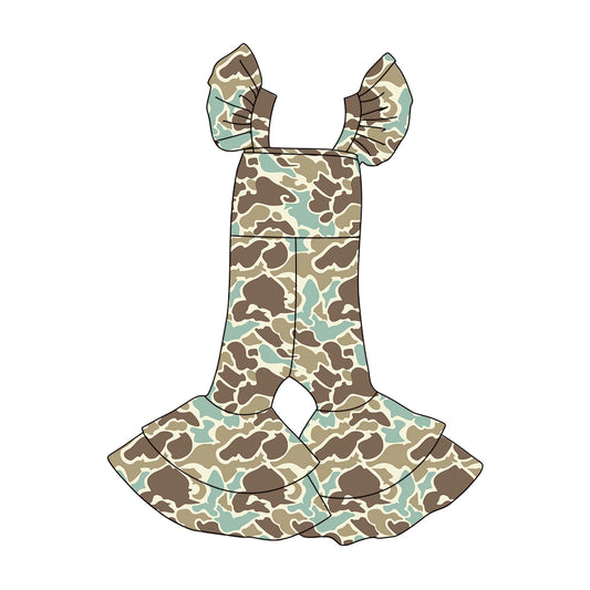 Baby Girls Khaki Camo Flutter Sleeve Bell Bottom Southern Jumpsuits Preorder