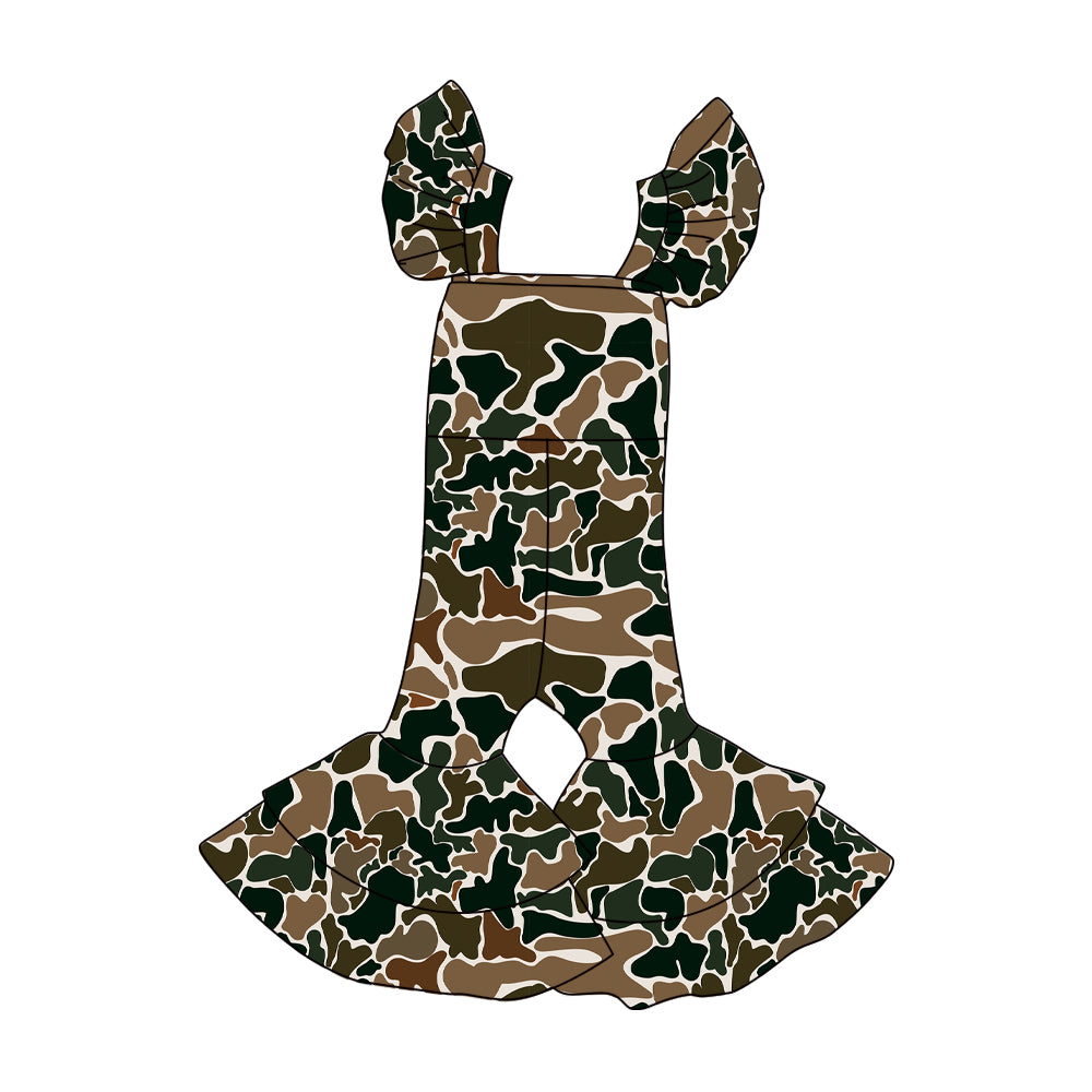 Baby Girls Dark Brown Camo Flutter Sleeve Bell Bottom Southern Jumpsuits Preorder