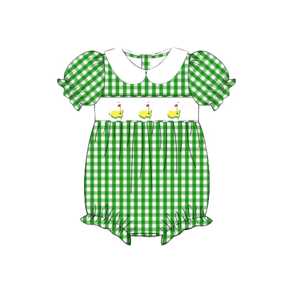 Baby Girls Green Checked Golf Flags Collar Ruffle Rompers Preorder